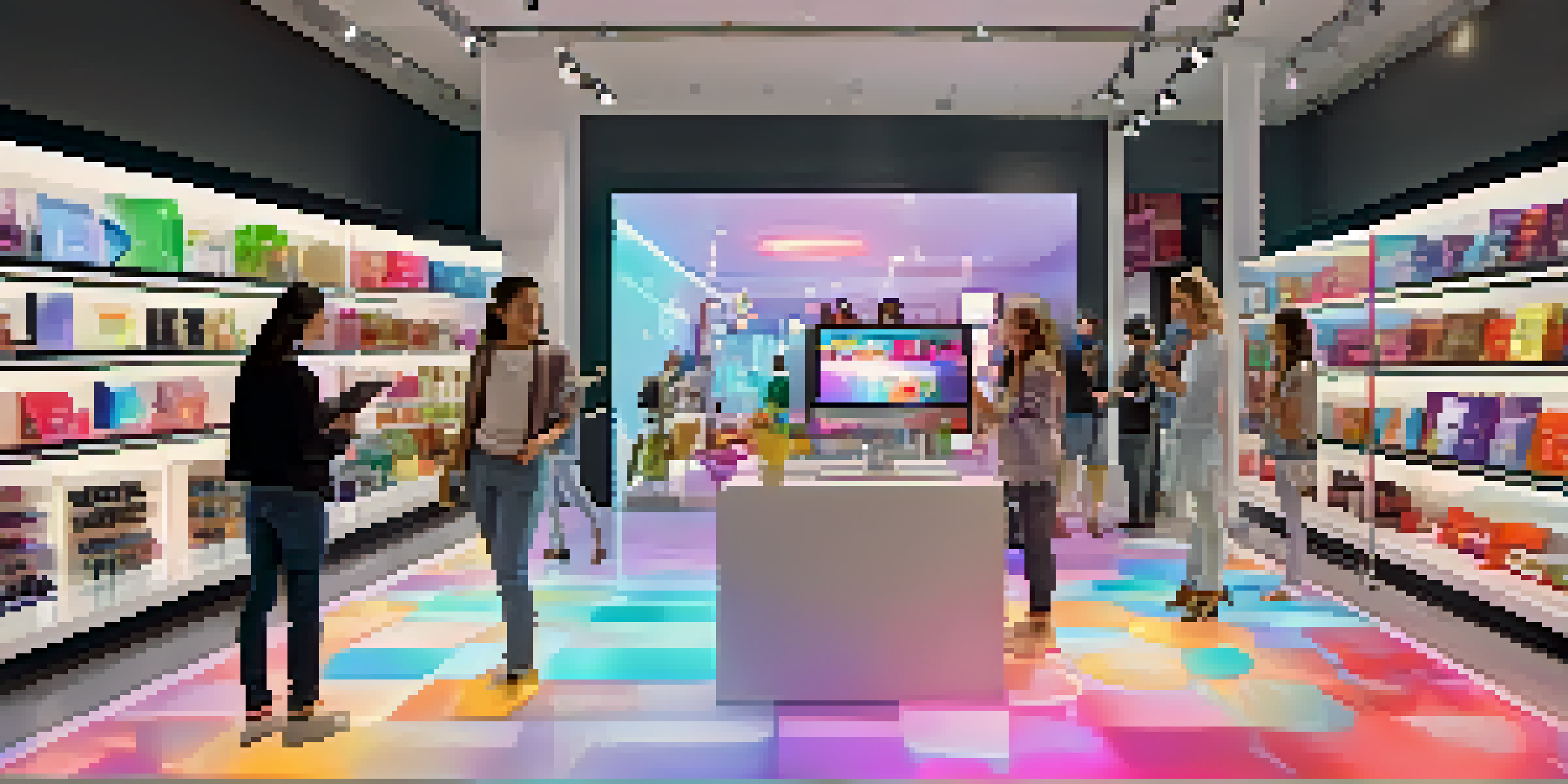 A retail store filled with shoppers using augmented reality to interact with holographic products.