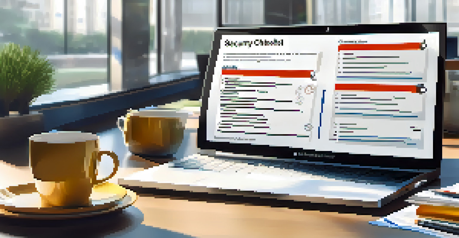 A business professional reviewing a security compliance checklist with checkmarks, in a clean workspace filled with natural light.