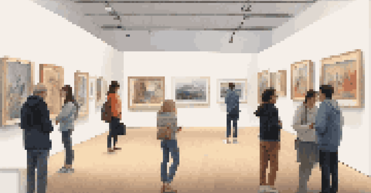 Visitors at an art exhibition using augmented reality to explore the stories behind the artworks displayed in the gallery.