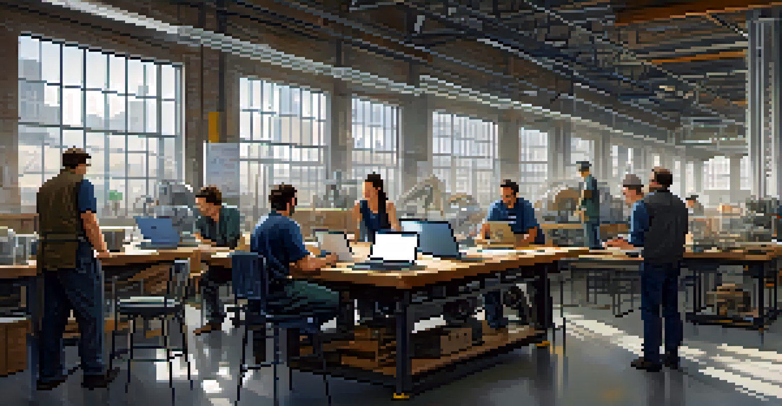 A diverse group of engineers working together in an industrial workspace with blueprints and digital devices.