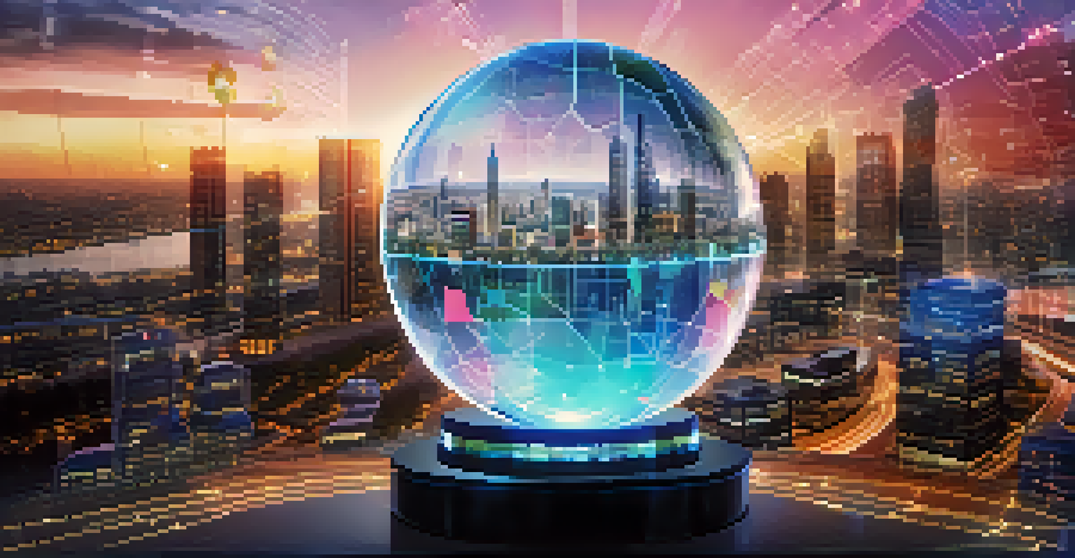 A crystal ball surrounded by digital graphs and data points with a futuristic cityscape, representing predictive analytics in cybersecurity.