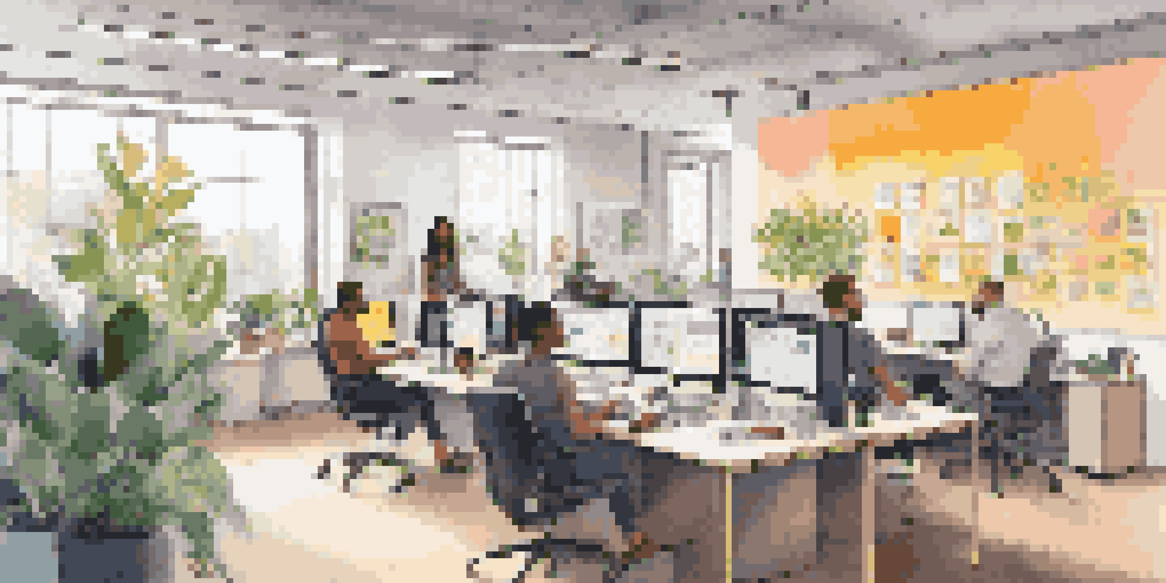 A diverse group of people in a bright office discussing a low-code platform, with a large screen displaying software development tools.