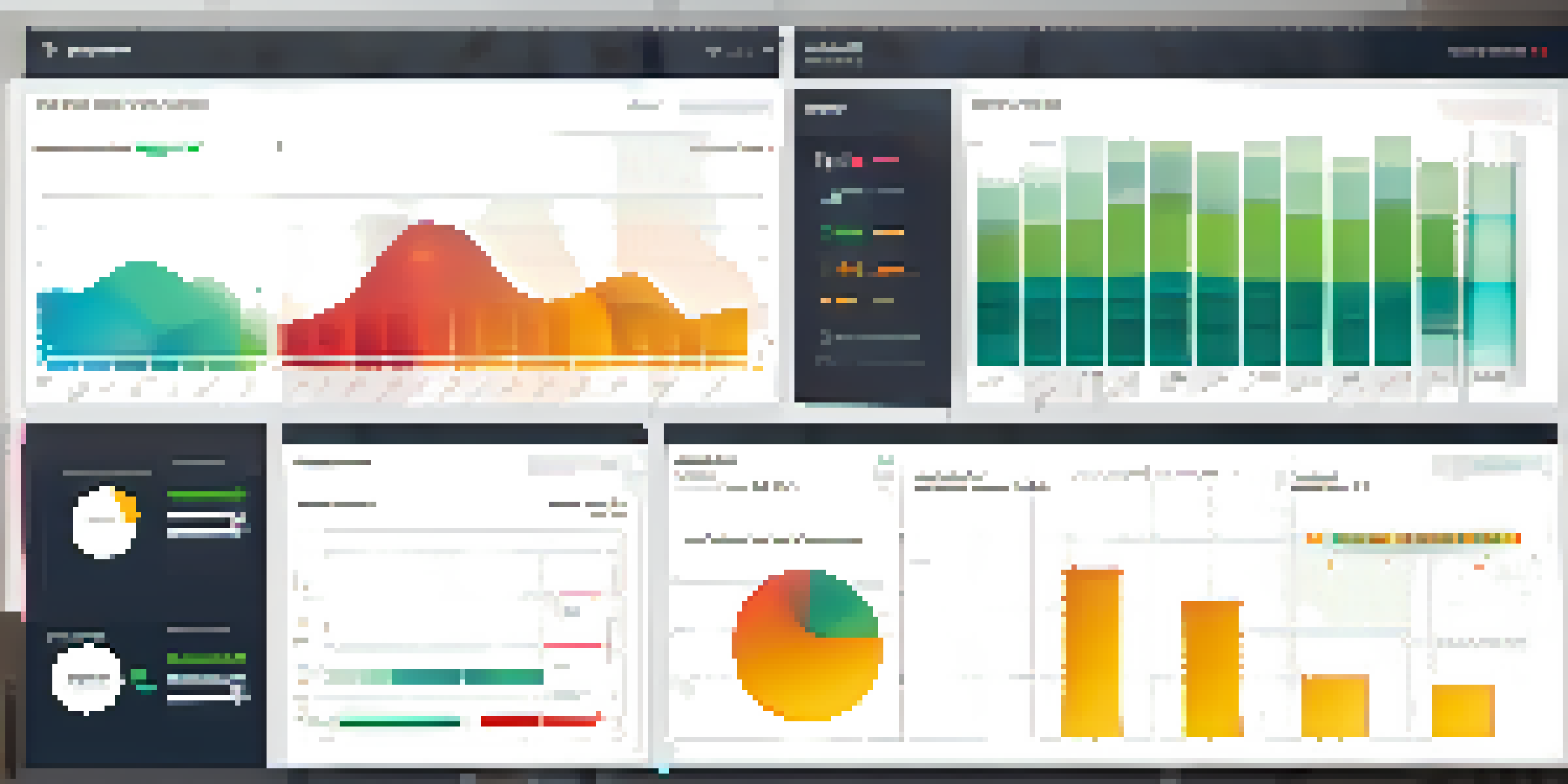 A modern data visualization dashboard with colorful charts and graphs, showcasing various metrics in an interactive format.
