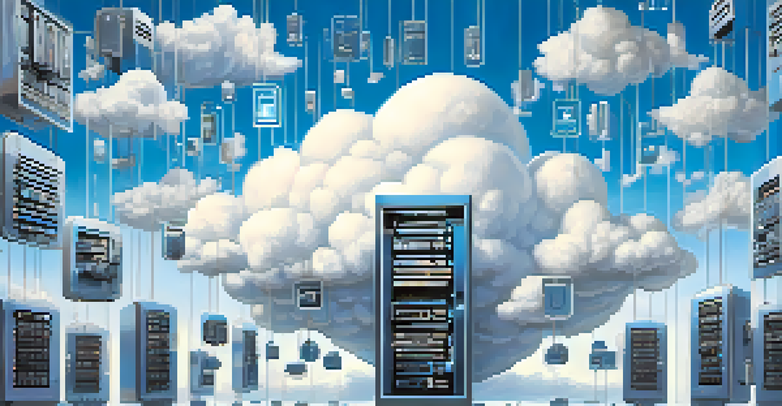 An abstract depiction of cloud technology with digital locks and shields representing security, set against a vibrant blue sky.