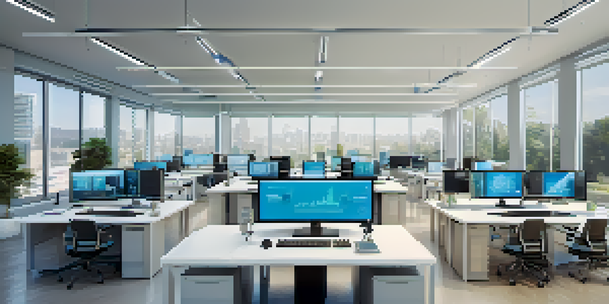 A bright modern office with professionals collaborating around computer screens showing RPA dashboards.