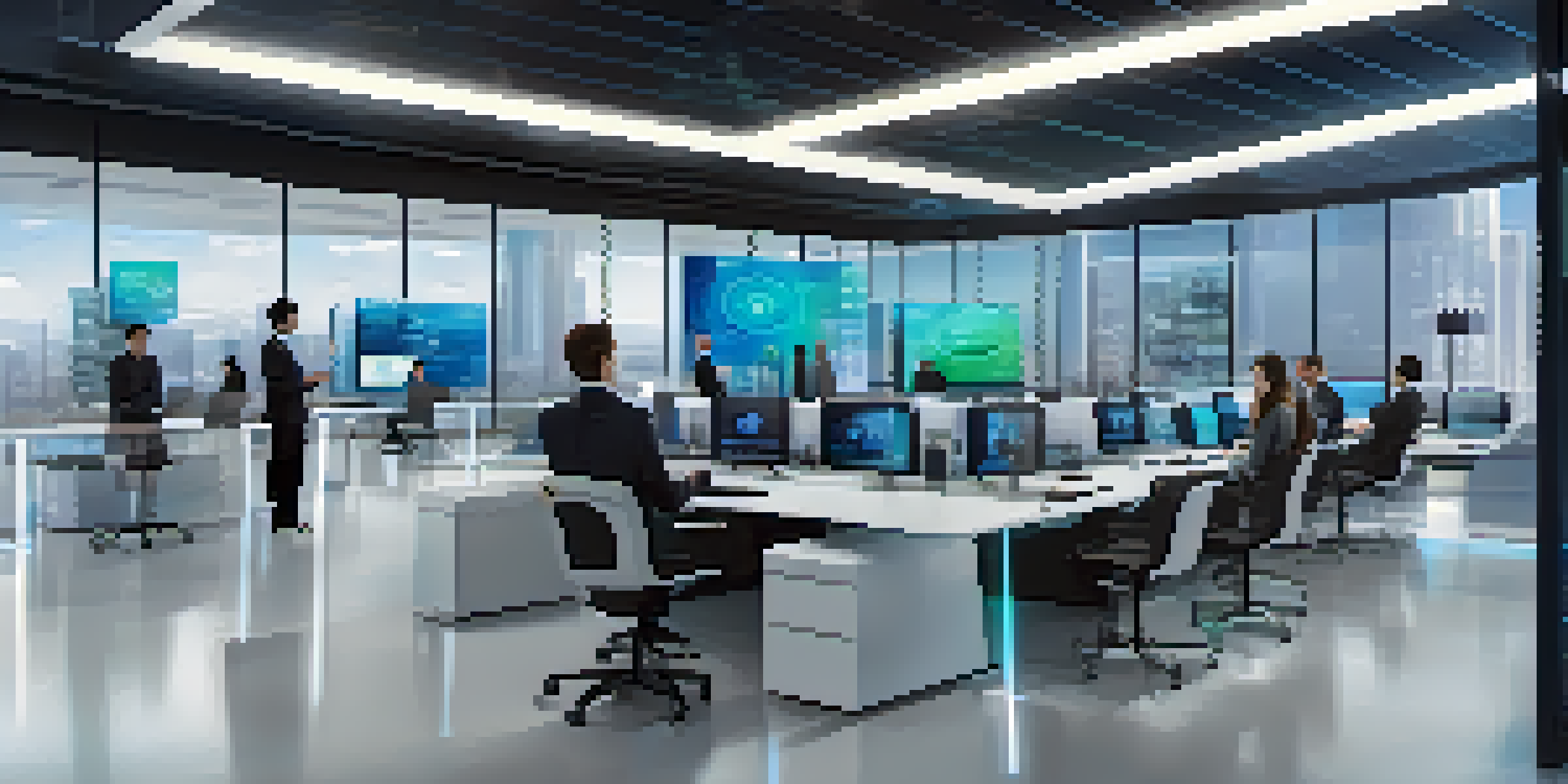 A modern real estate office with digital screens showing blockchain transactions, diverse professionals discussing, and holographic property displays.