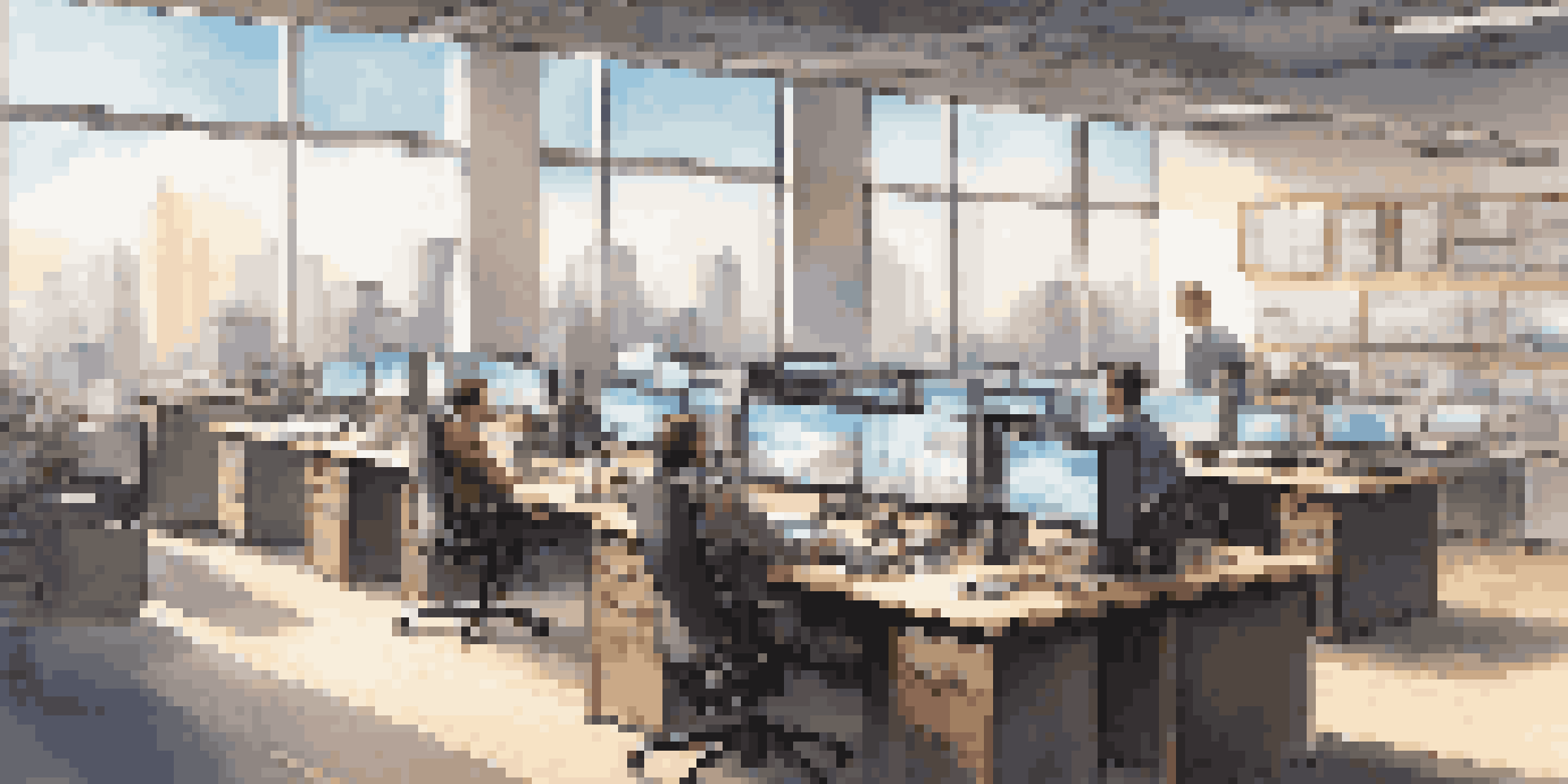A modern office with several computer workstations showing virtual machines on screens, illuminated by natural light from large windows overlooking a city skyline.