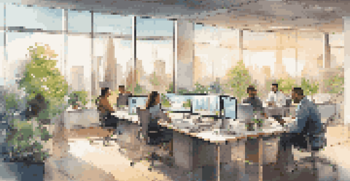 A diverse team of professionals discussing IoT strategies around a smart table in a modern office with large windows and a city view.