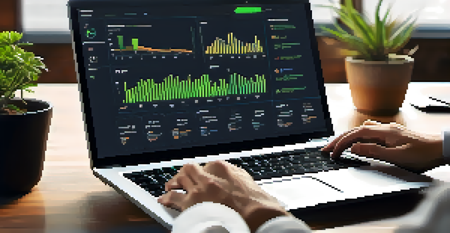 A close-up of hands typing on a laptop displaying a digital dashboard, with an organized workspace in the background.