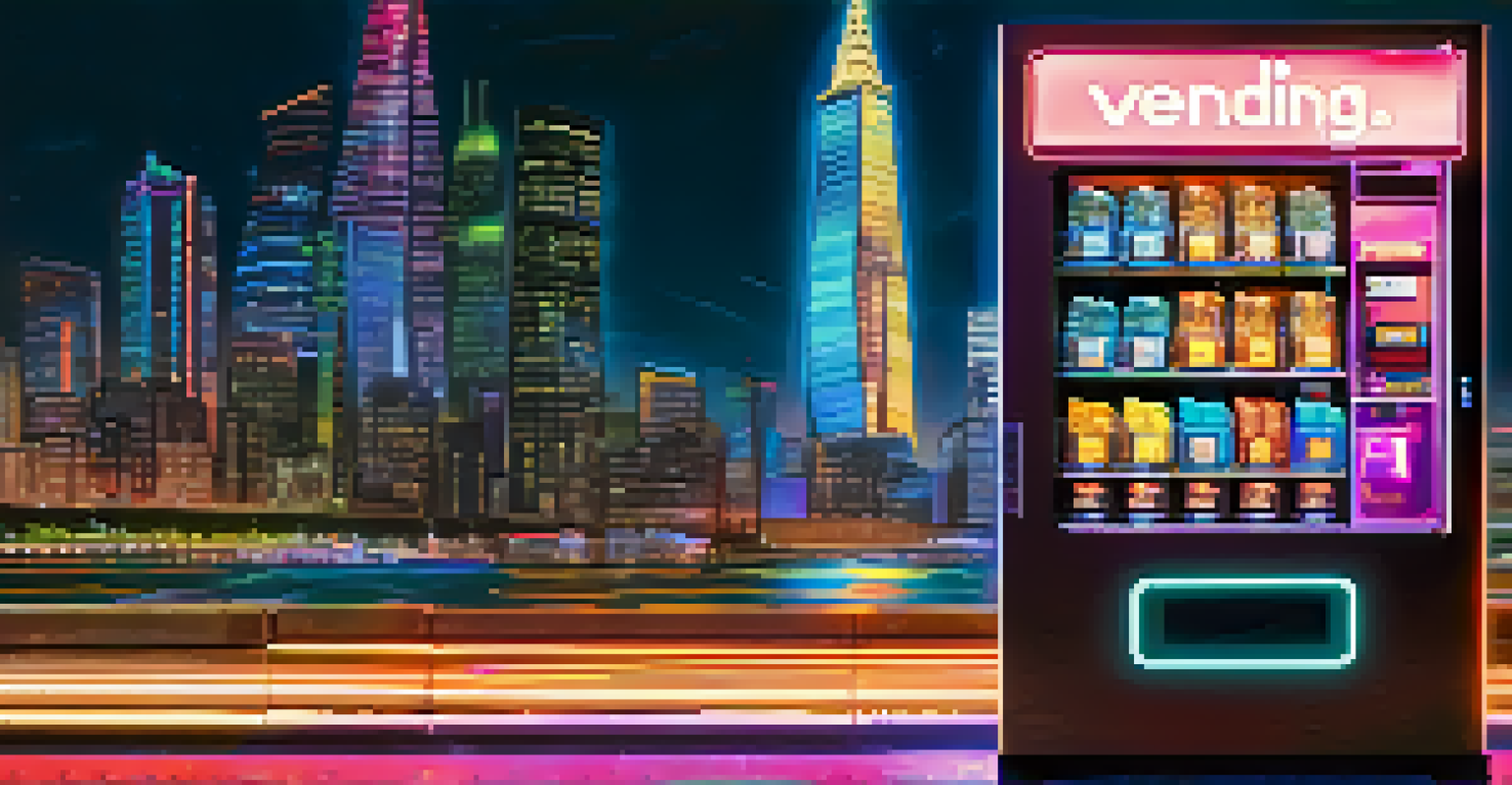 A futuristic vending machine dispensing digital currencies in a vibrant cityscape at night.