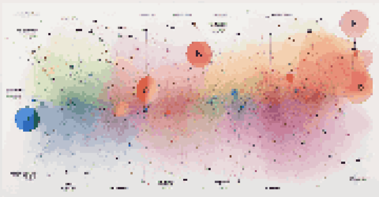 A digital graph illustrating K-Means Clustering with colorful data point clusters and arrows indicating centroid movement.