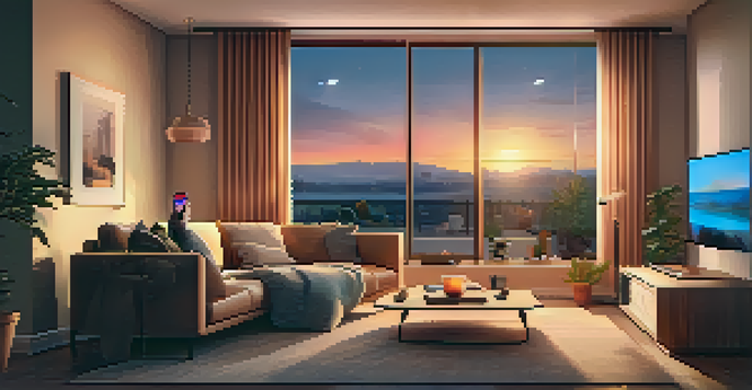 A warm and inviting living room with smart home devices, including a thermostat and security camera, as a person controls them with a smartphone.