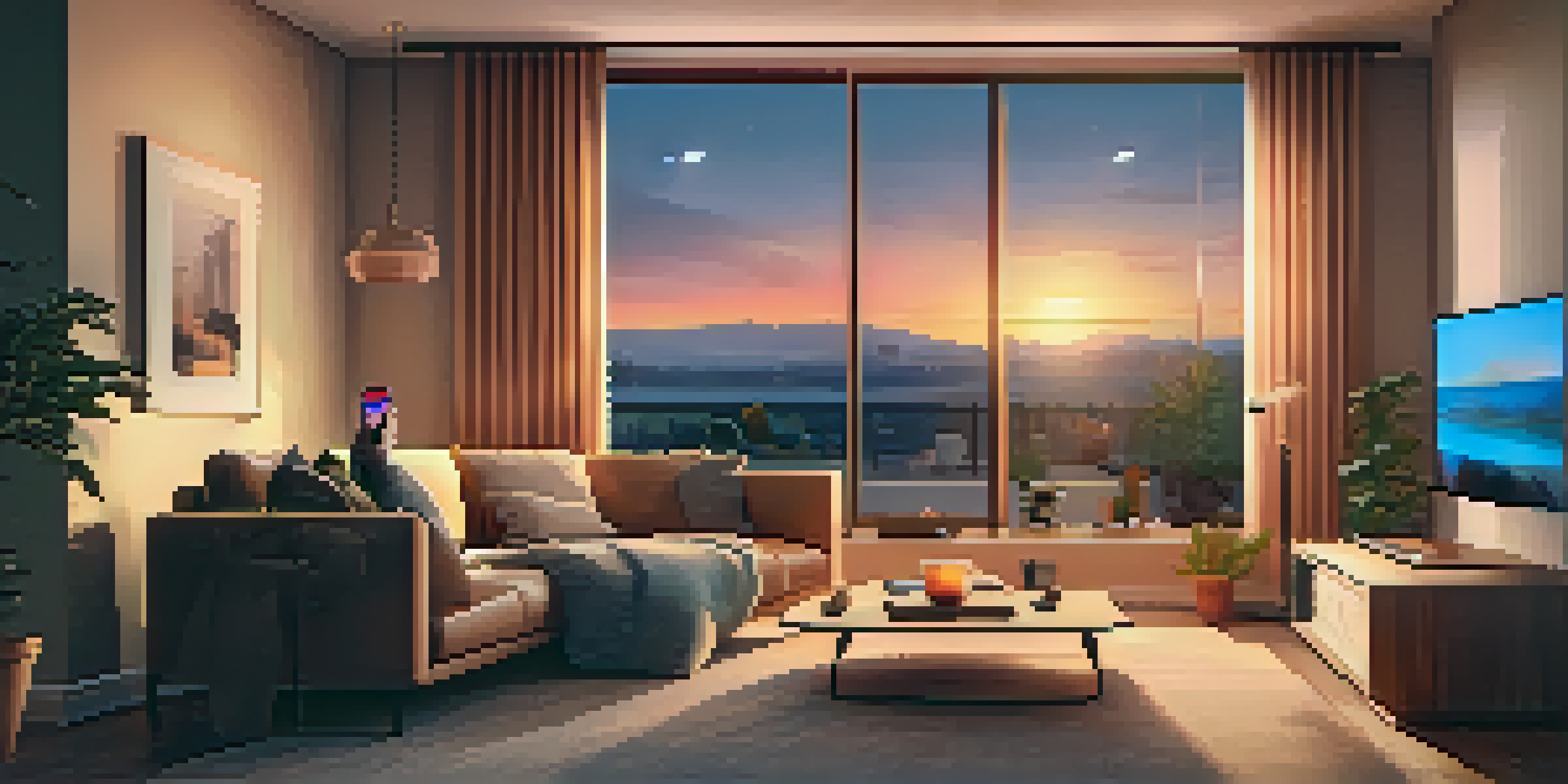 A warm and inviting living room with smart home devices, including a thermostat and security camera, as a person controls them with a smartphone.