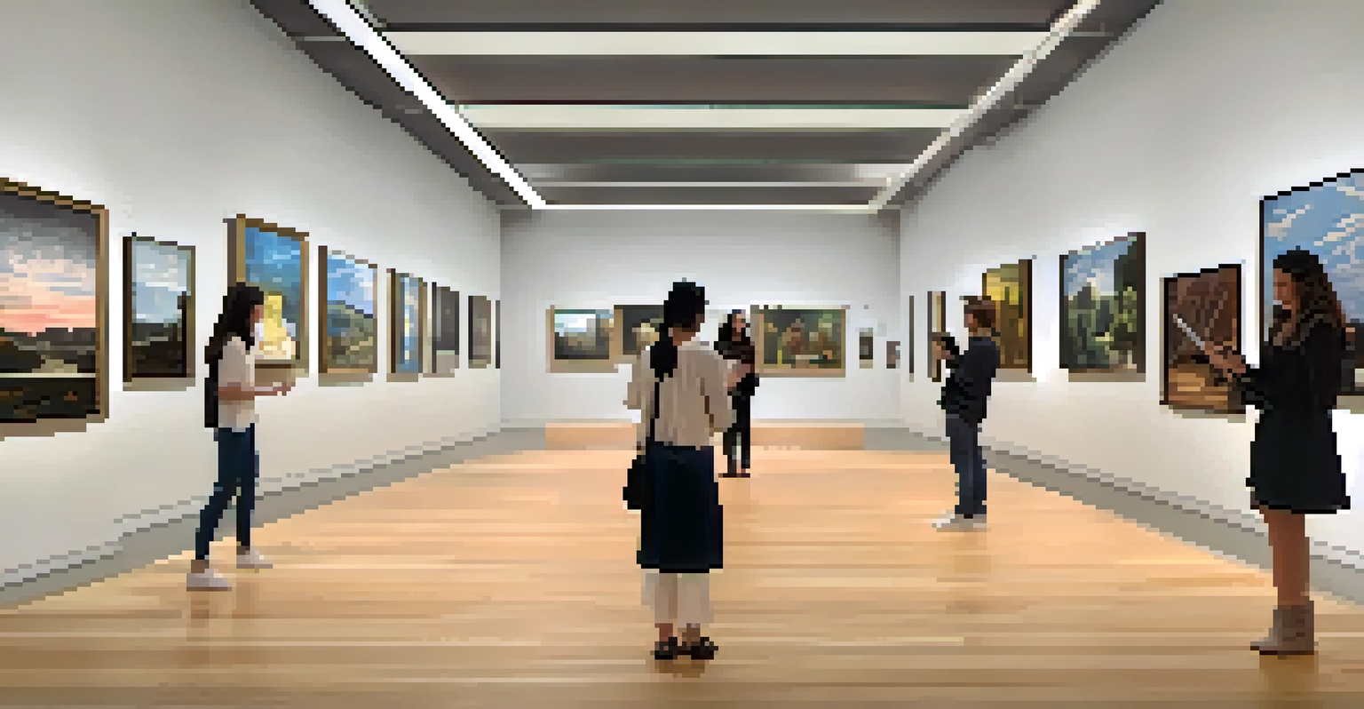 A modern museum exhibit where visitors engage with augmented reality features on famous artworks.