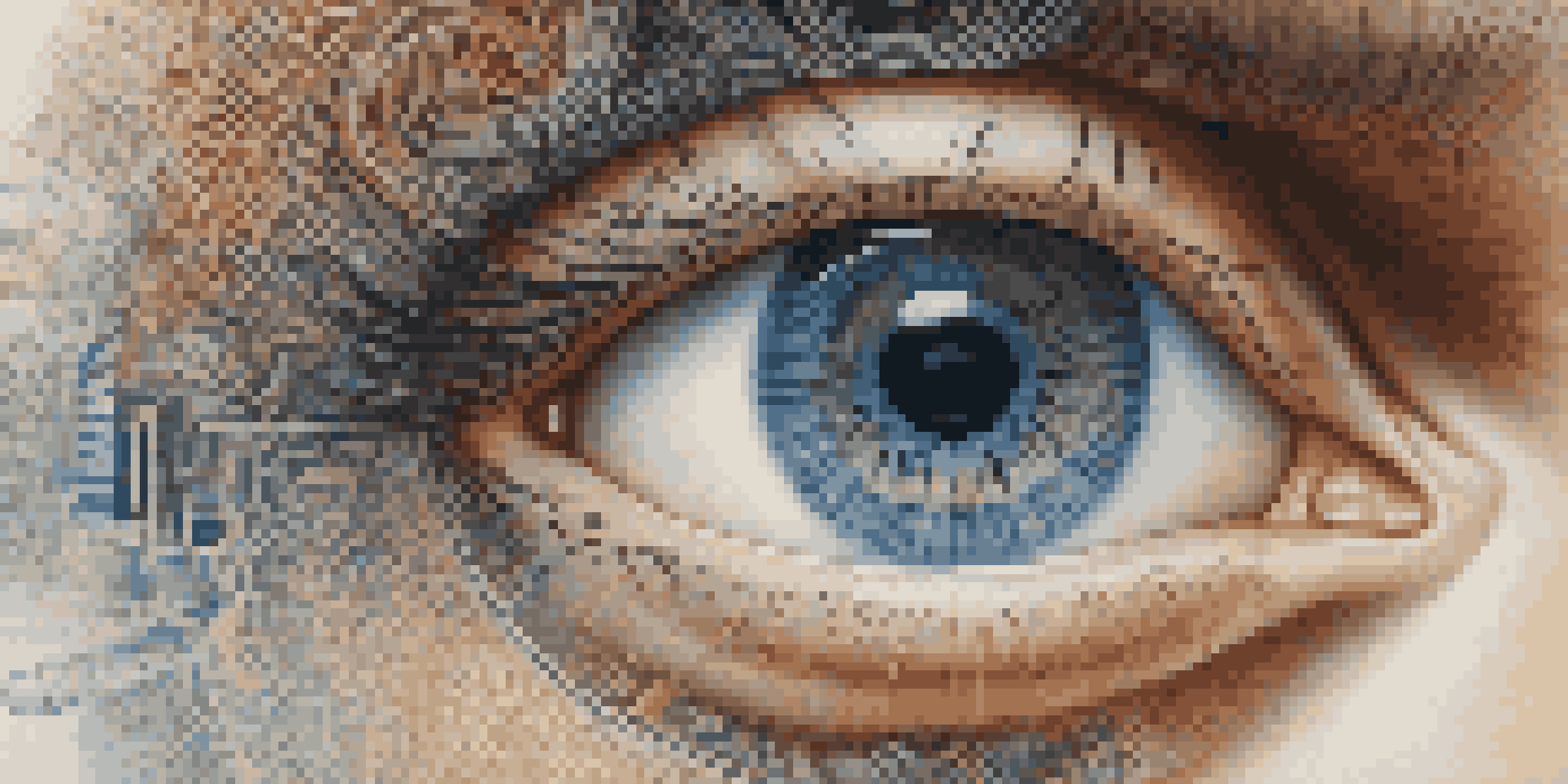 A detailed close-up of a human eye emphasizing the unique iris pattern, with soft lighting and a blurred background of technology-related elements.