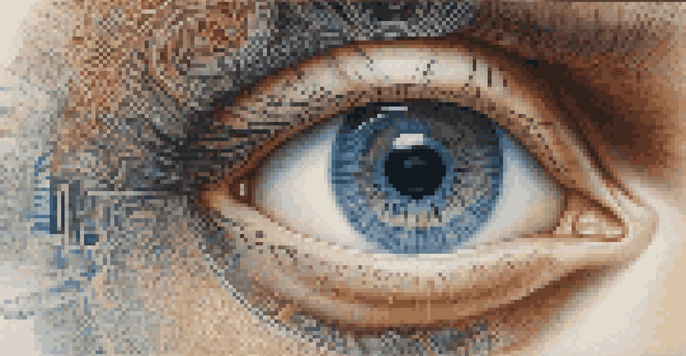 A detailed close-up of a human eye emphasizing the unique iris pattern, with soft lighting and a blurred background of technology-related elements.