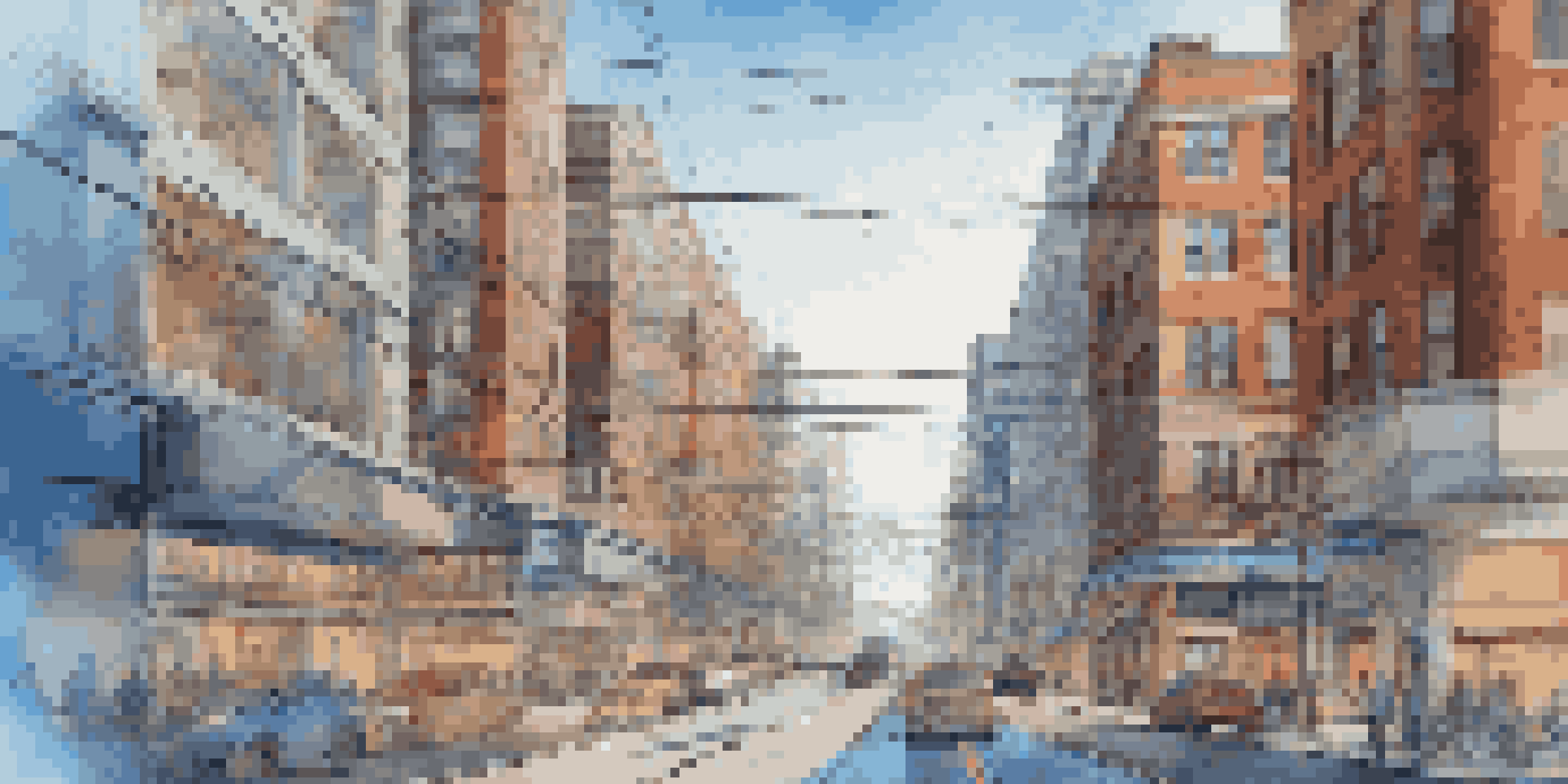 A digital representation of a city with an overlay showing transportation and utility lines, set against a bright blue sky.