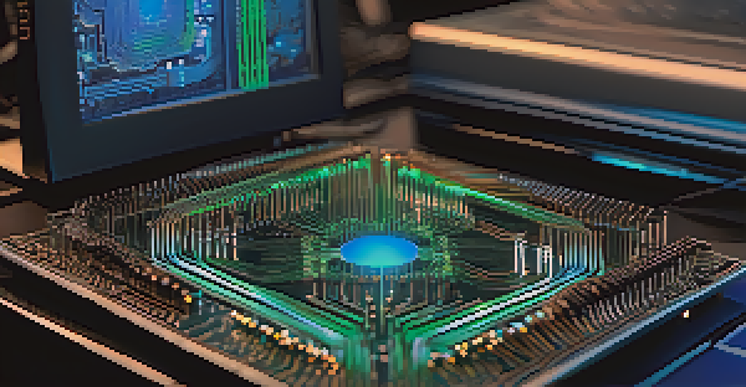 A close-up view of a quantum computer with glowing qubits and intricate circuits in a dark workspace illuminated by blue and green lights.