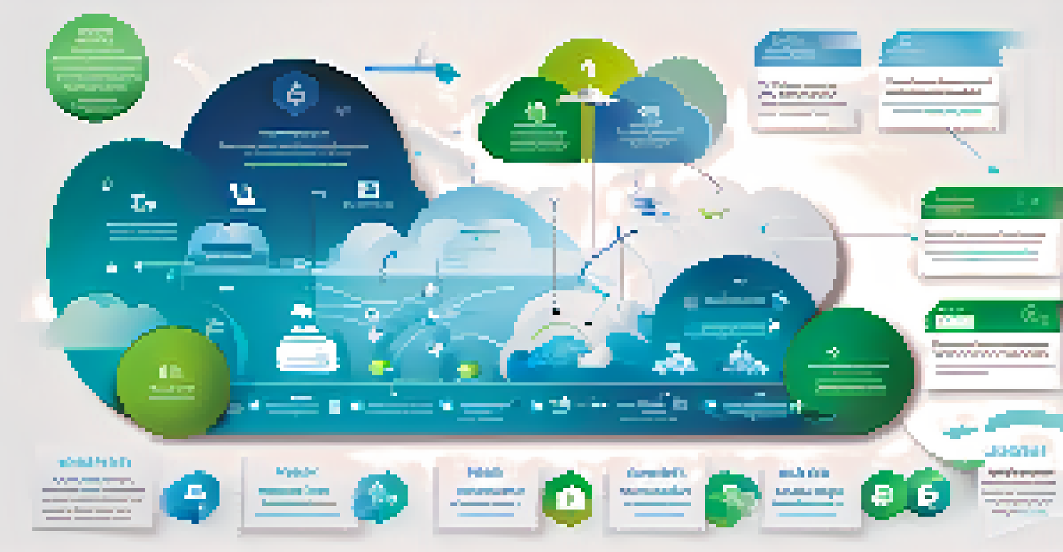 Infographic illustrating key elements of cloud cost management with icons and labels in blue and green colors.