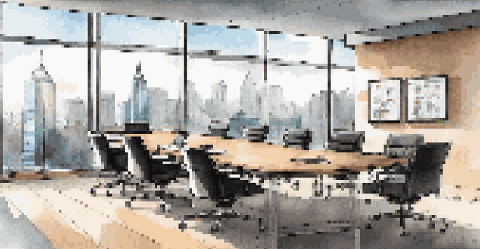 A modern office conference room with a wooden table and black chairs, filled with natural light and a view of the city skyline.