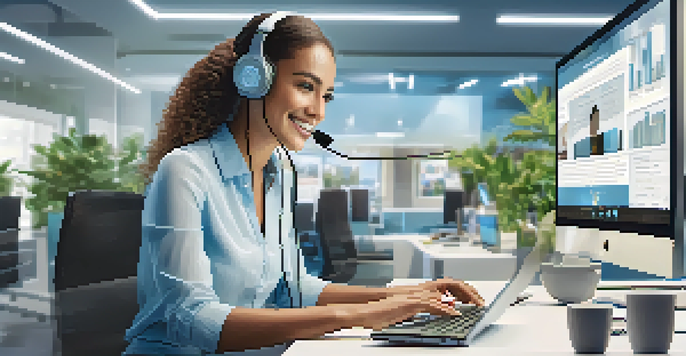 A customer service representative on a video call, surrounded by screens and plants, in a bright office.