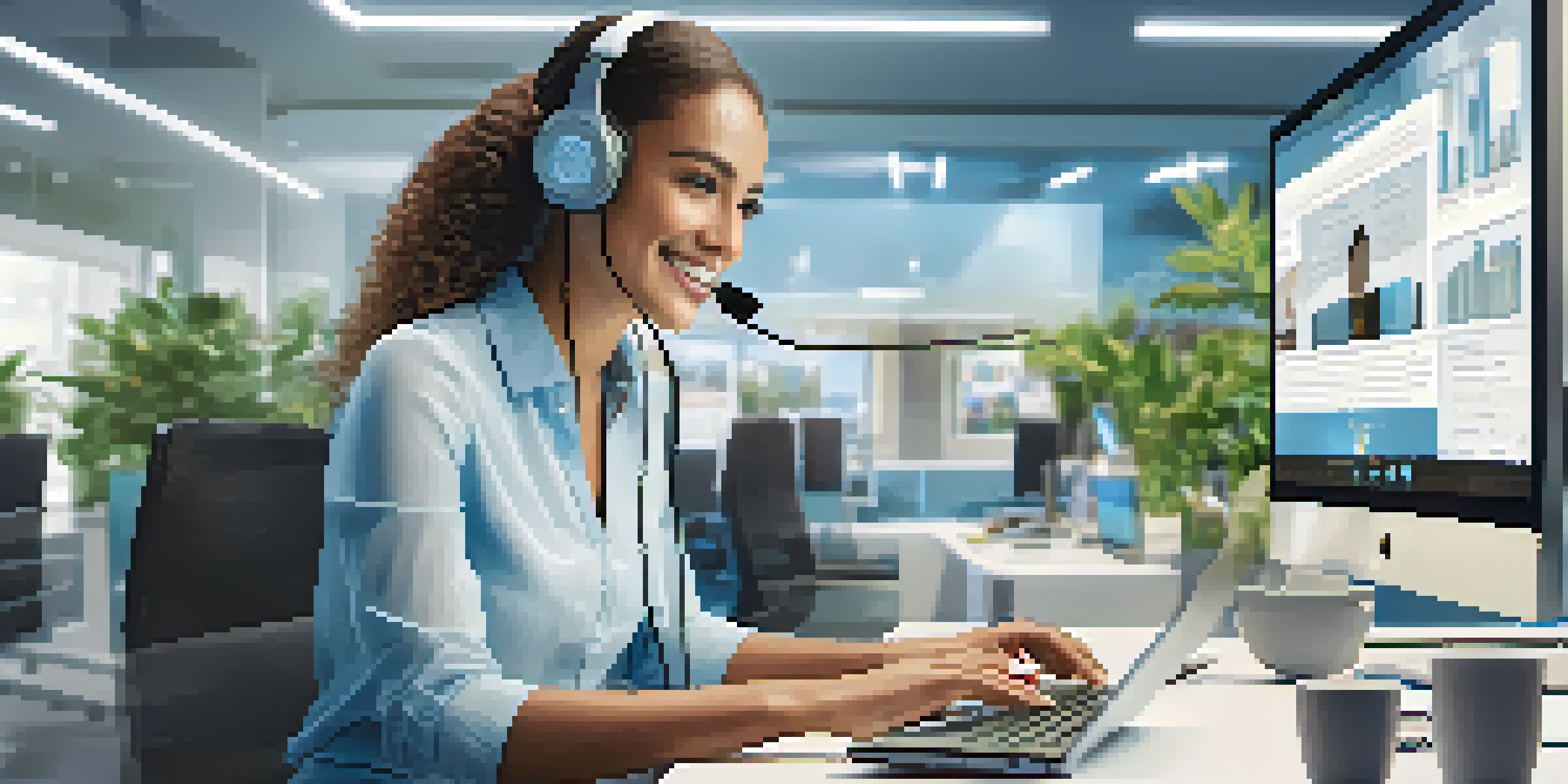 A customer service representative on a video call, surrounded by screens and plants, in a bright office.