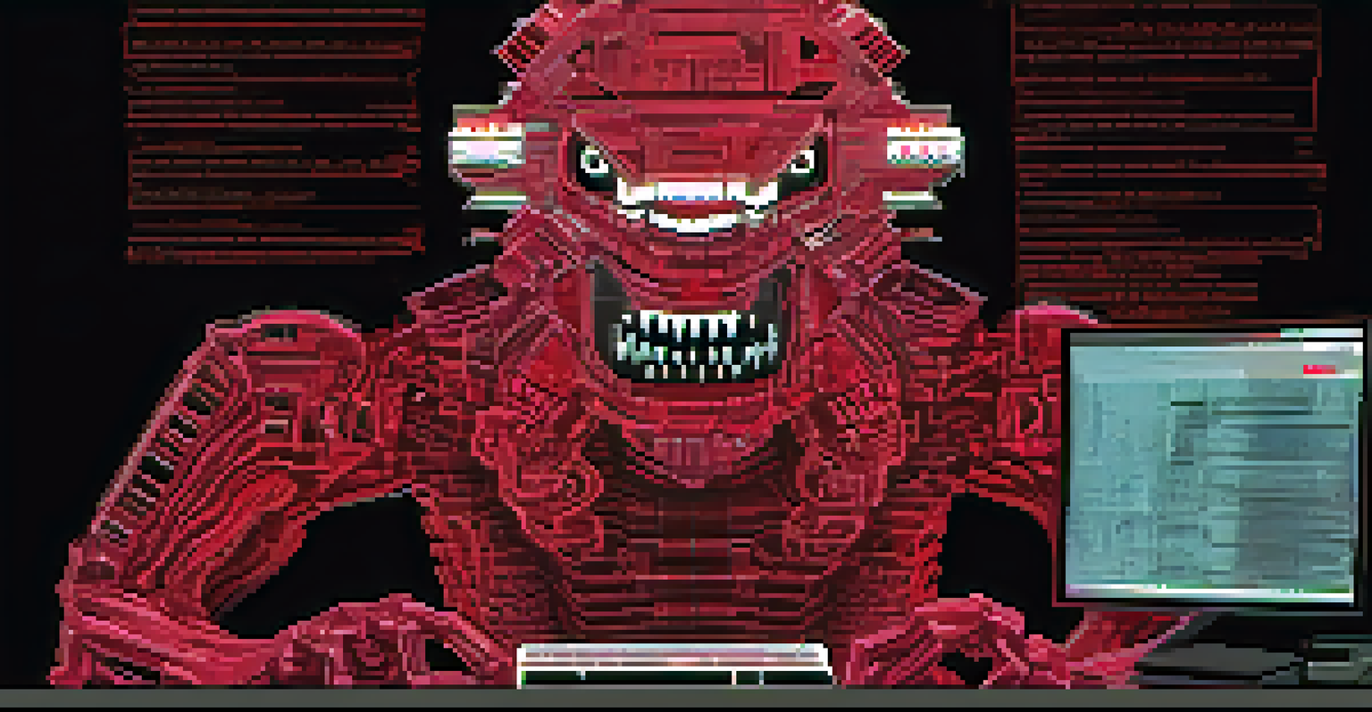 A digital monster representing ransomware, looming over a computer screen displaying a ransom warning.