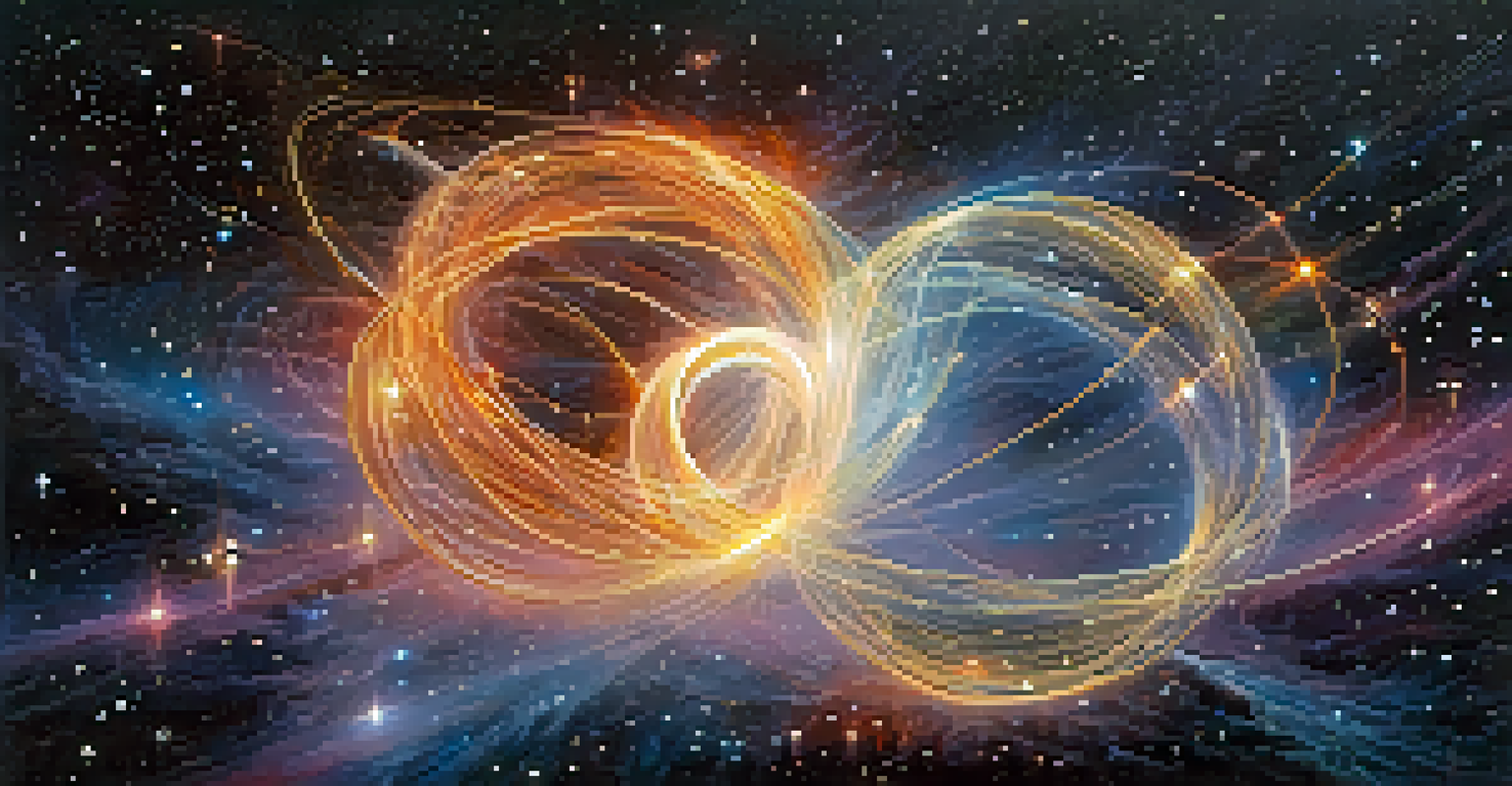 Two glowing particles connected by an ethereal thread against a cosmic background, symbolizing quantum entanglement.