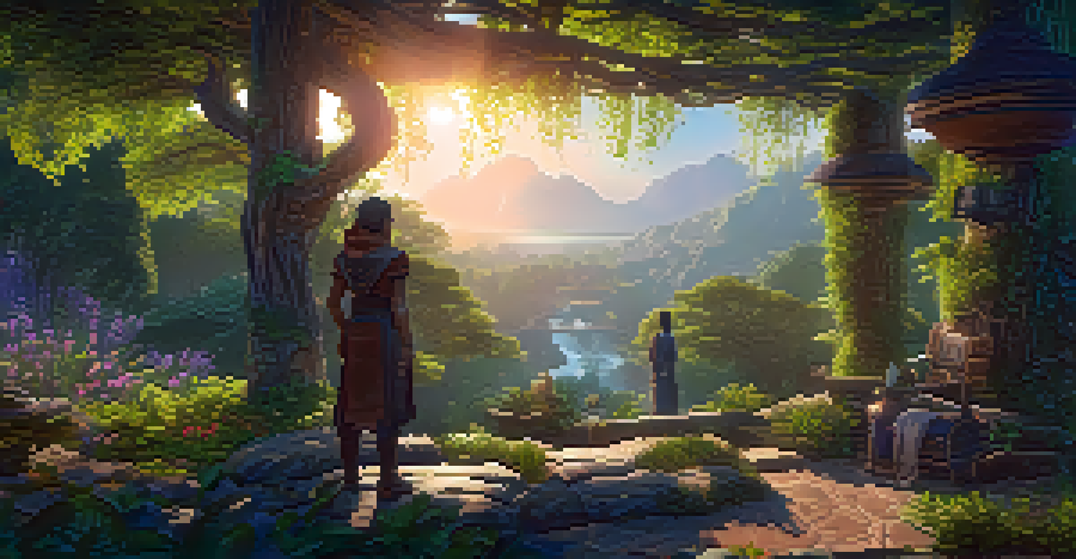 An AI-driven NPC interacting with a player in a fantasy landscape, displaying dynamic expressions and intricate clothing textures.