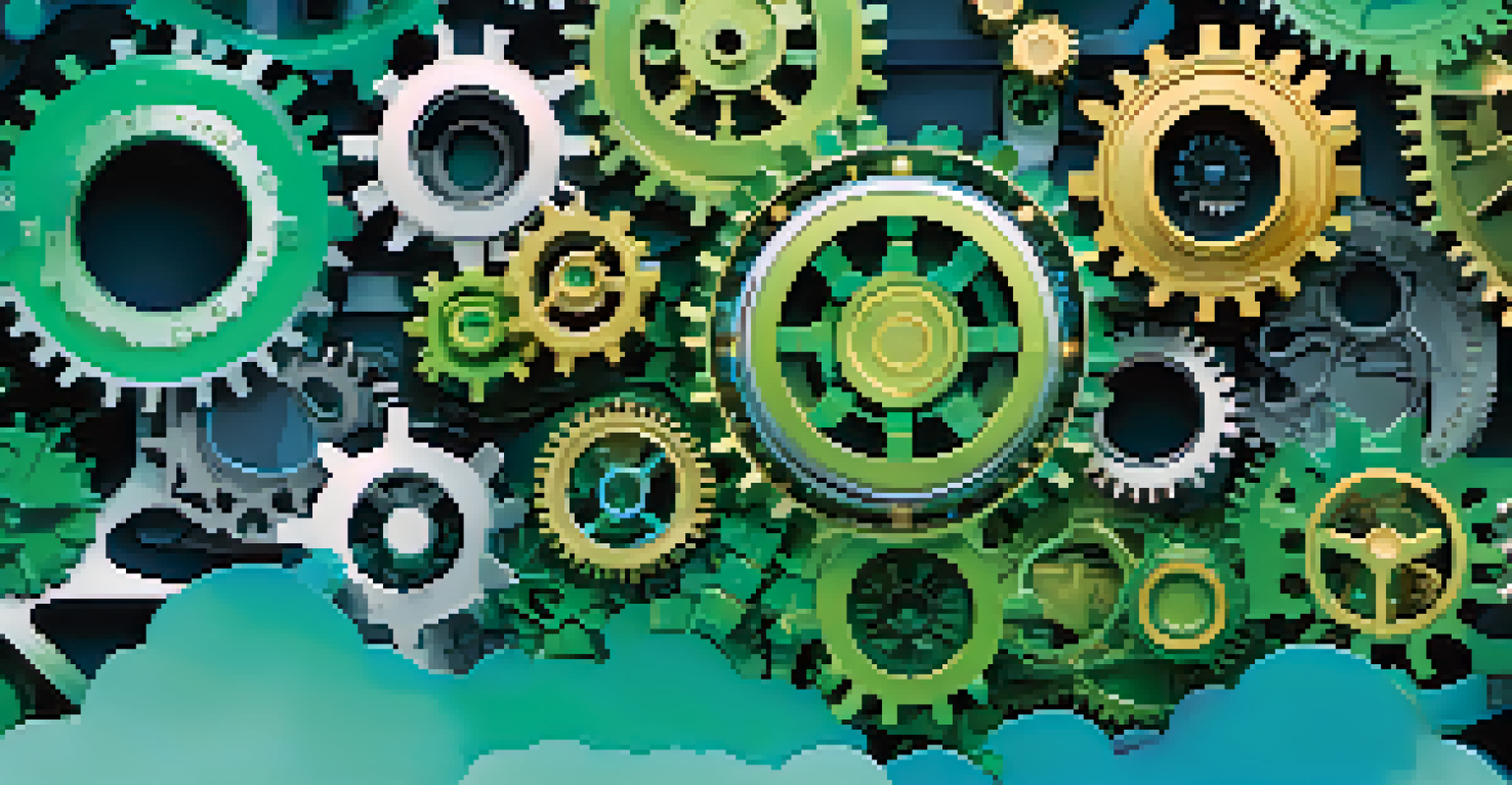 An abstract illustration of DevOps principles with gears, cloud icons, and code snippets against a blue and green gradient background, symbolizing technology and collaboration.