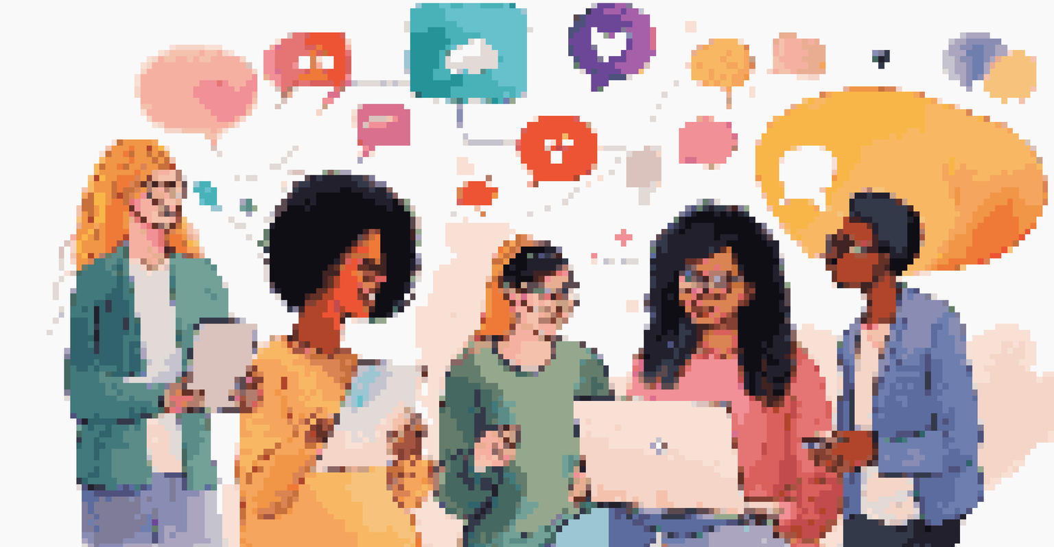 An illustration of diverse individuals interacting in an online community with chat bubbles and social media icons.