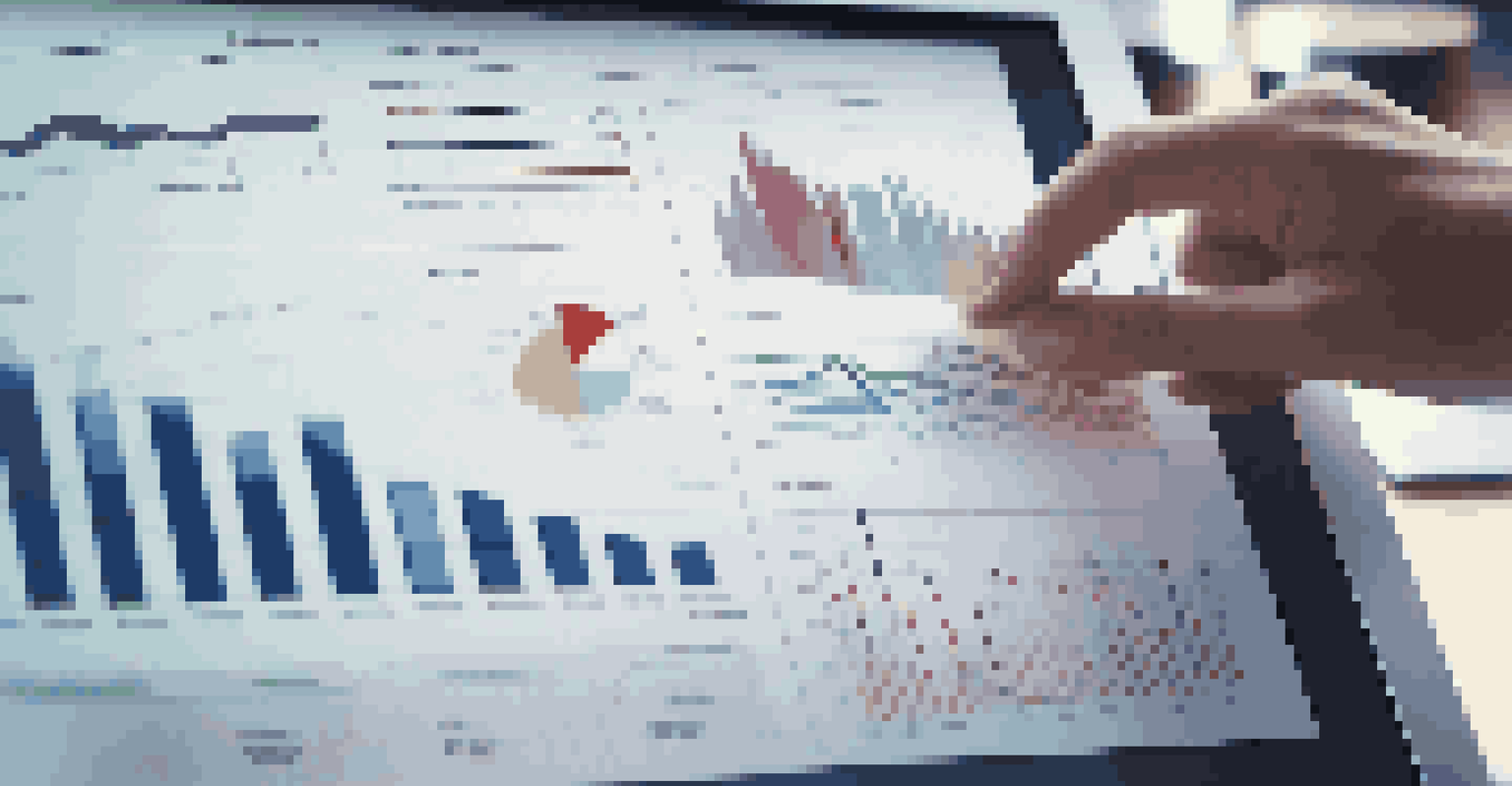 A close-up of a hand using a digital screen with predictive analytics graphs in an investment banking office.