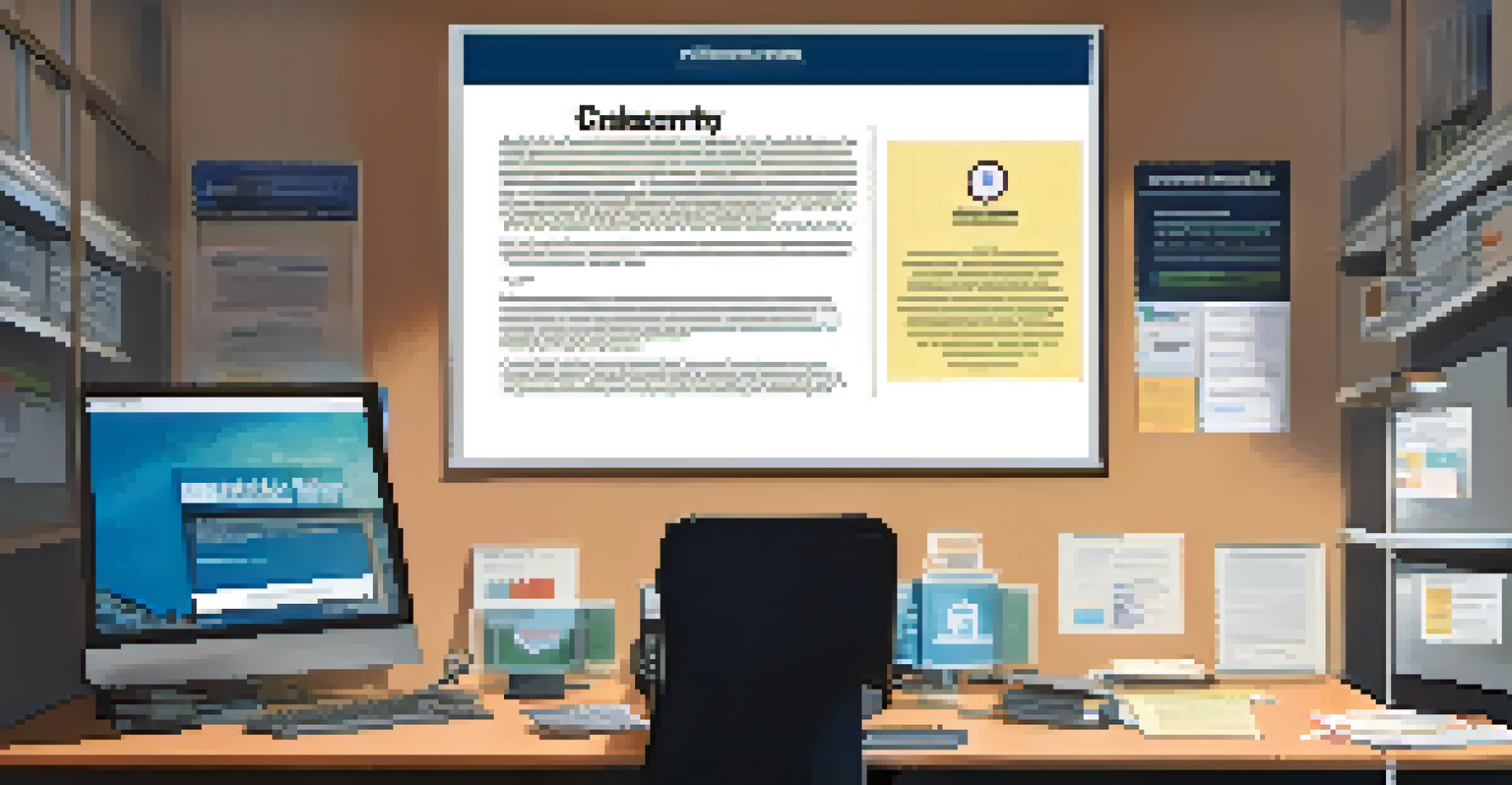 An office desk with a computer showing a security warning, next to a poster about cybersecurity awareness on the wall.