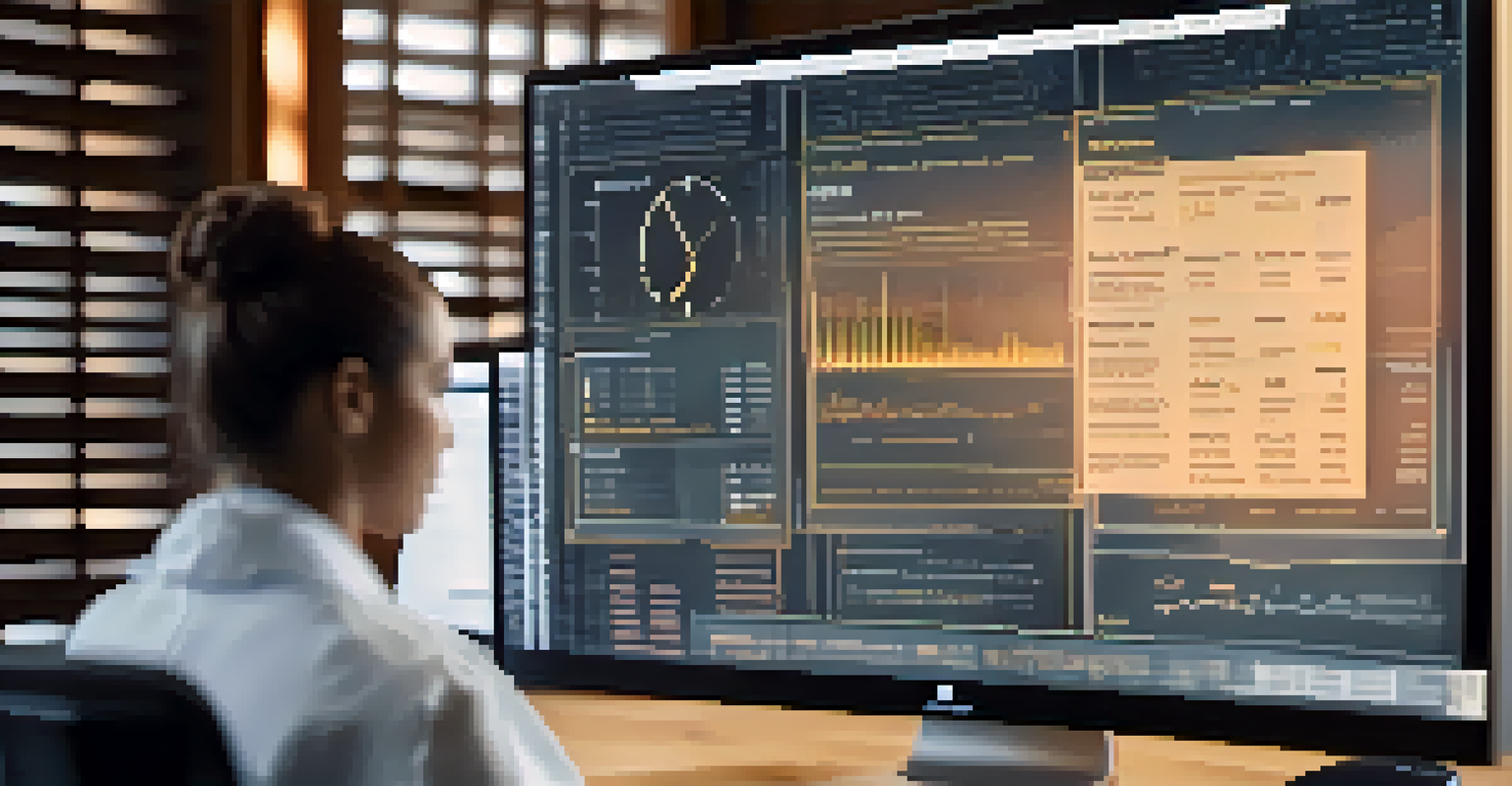A healthcare professional analyzing a blockchain ledger on a computer screen, highlighting patient records and timestamps.
