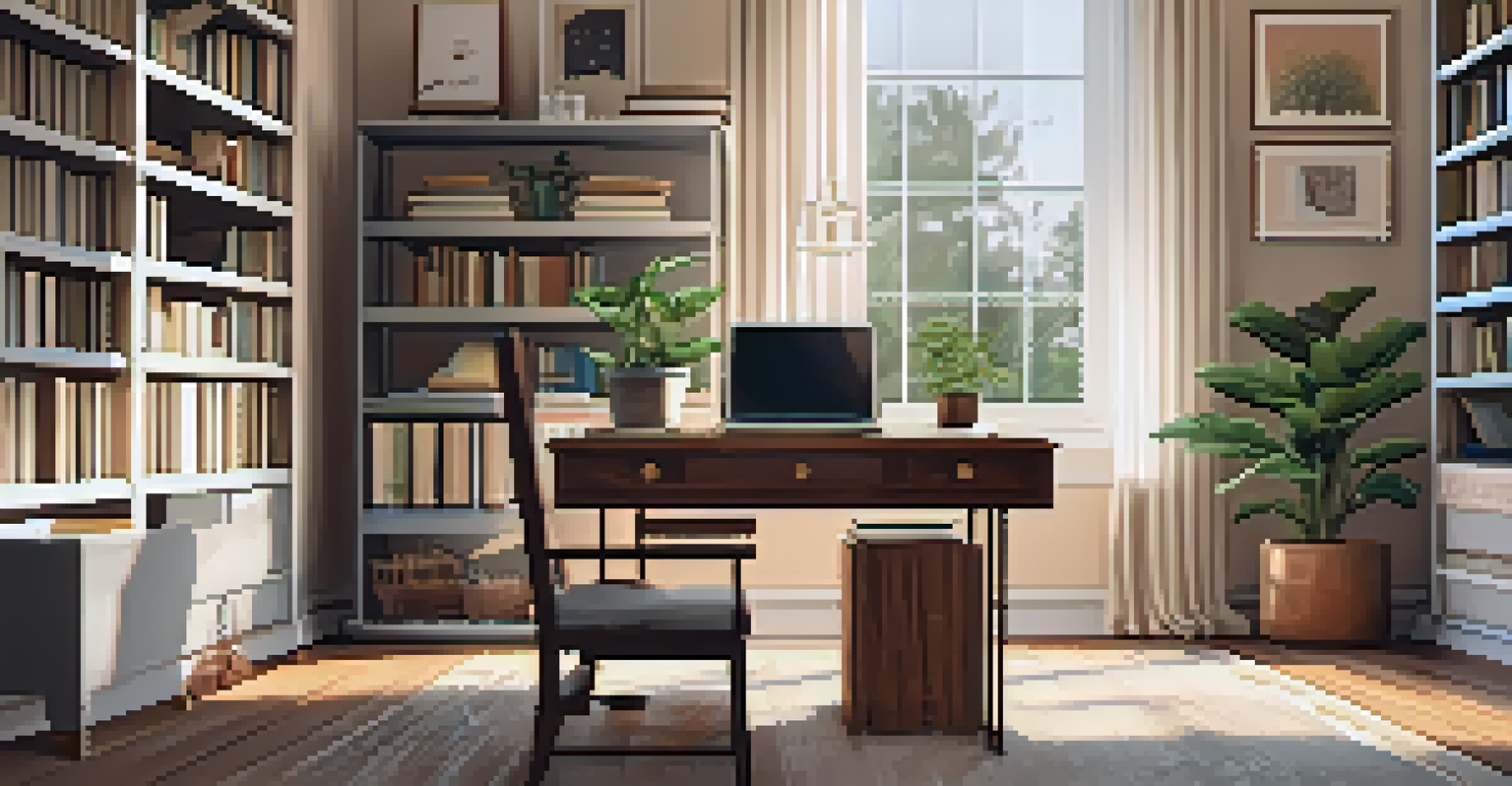 A cozy home office with a wooden desk, laptop, potted plant, and warm natural light coming from a window, with bookshelves and a rug in the background.