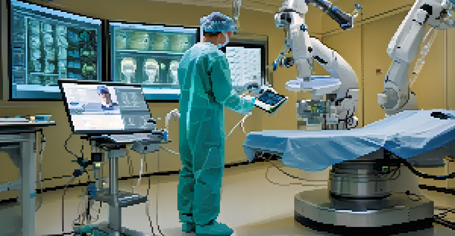A surgical robot performing an operation while a surgeon observes through a digital interface in a brightly lit operating room.