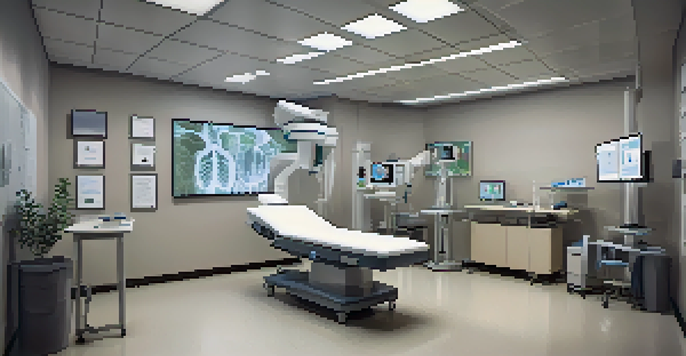A radiology room with AI imaging equipment, a radiologist analyzing a chest X-ray on a screen, and medical books in the background.