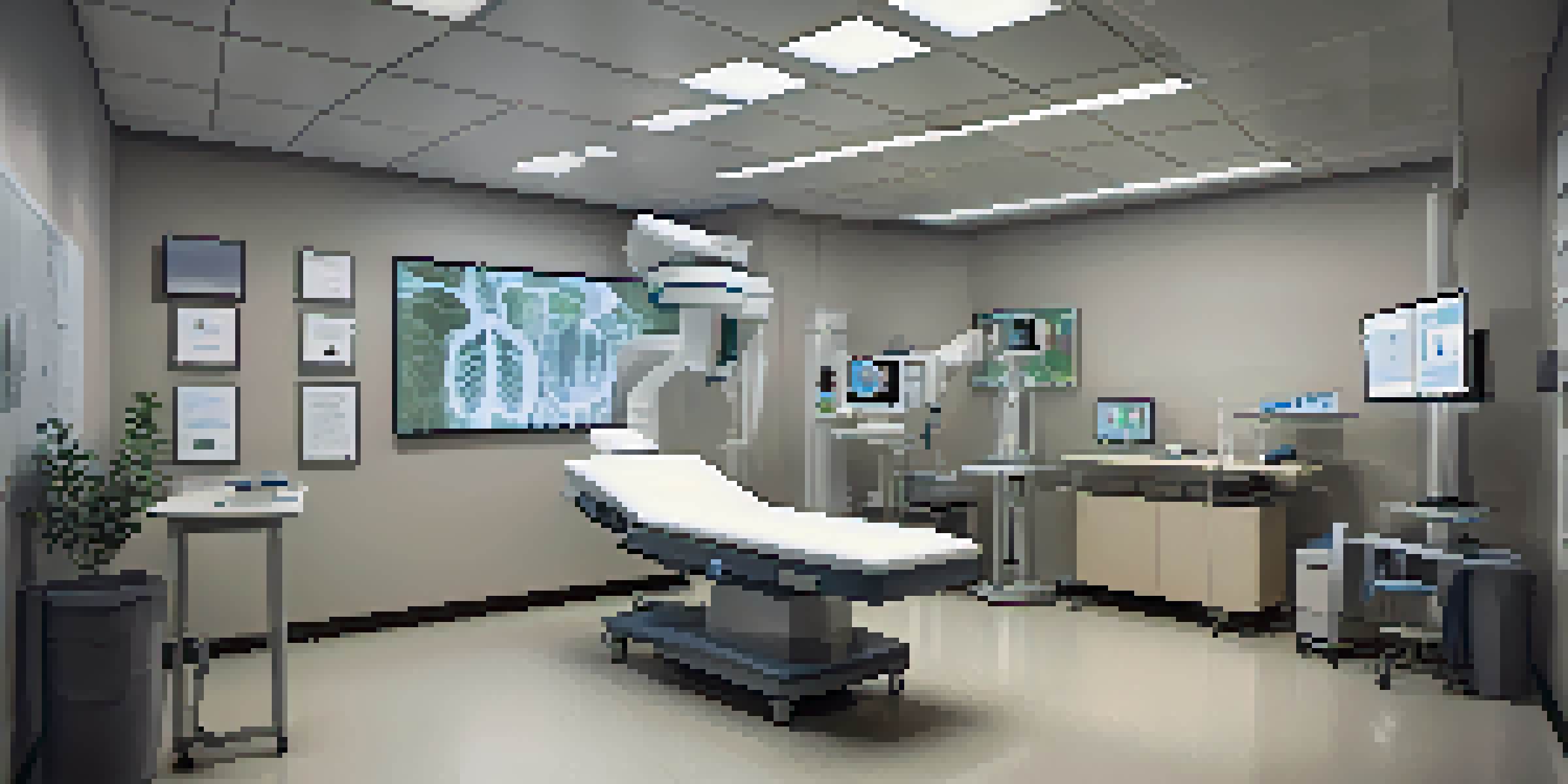 A radiology room with AI imaging equipment, a radiologist analyzing a chest X-ray on a screen, and medical books in the background.