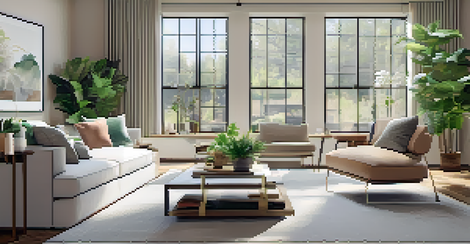 A modern living room with large windows, showcasing virtual furniture arrangements and color options enhanced by augmented reality.