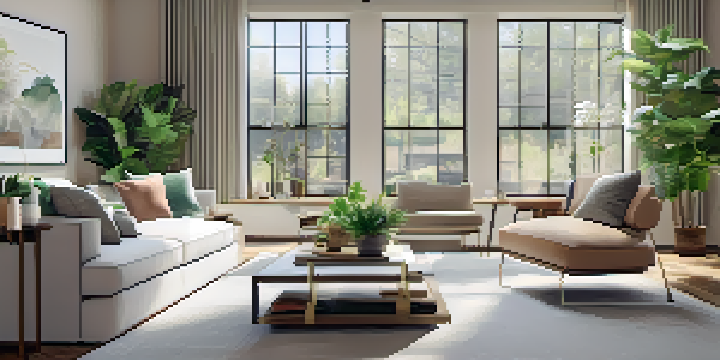 A modern living room with large windows, showcasing virtual furniture arrangements and color options enhanced by augmented reality.