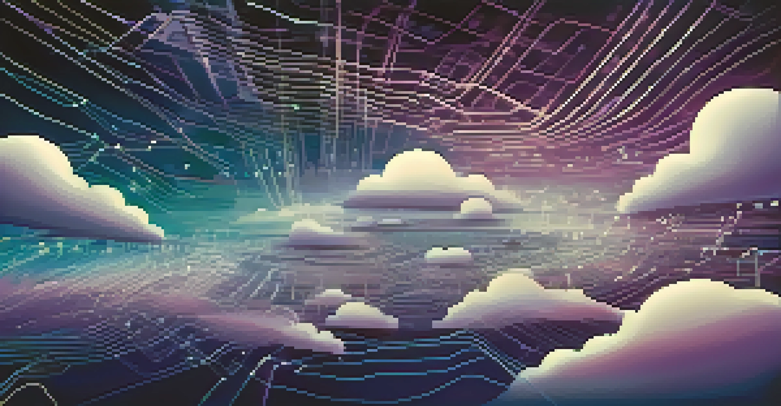 An abstract image of cloud computing with stylized clouds and digital circuits on a deep blue and purple background.
