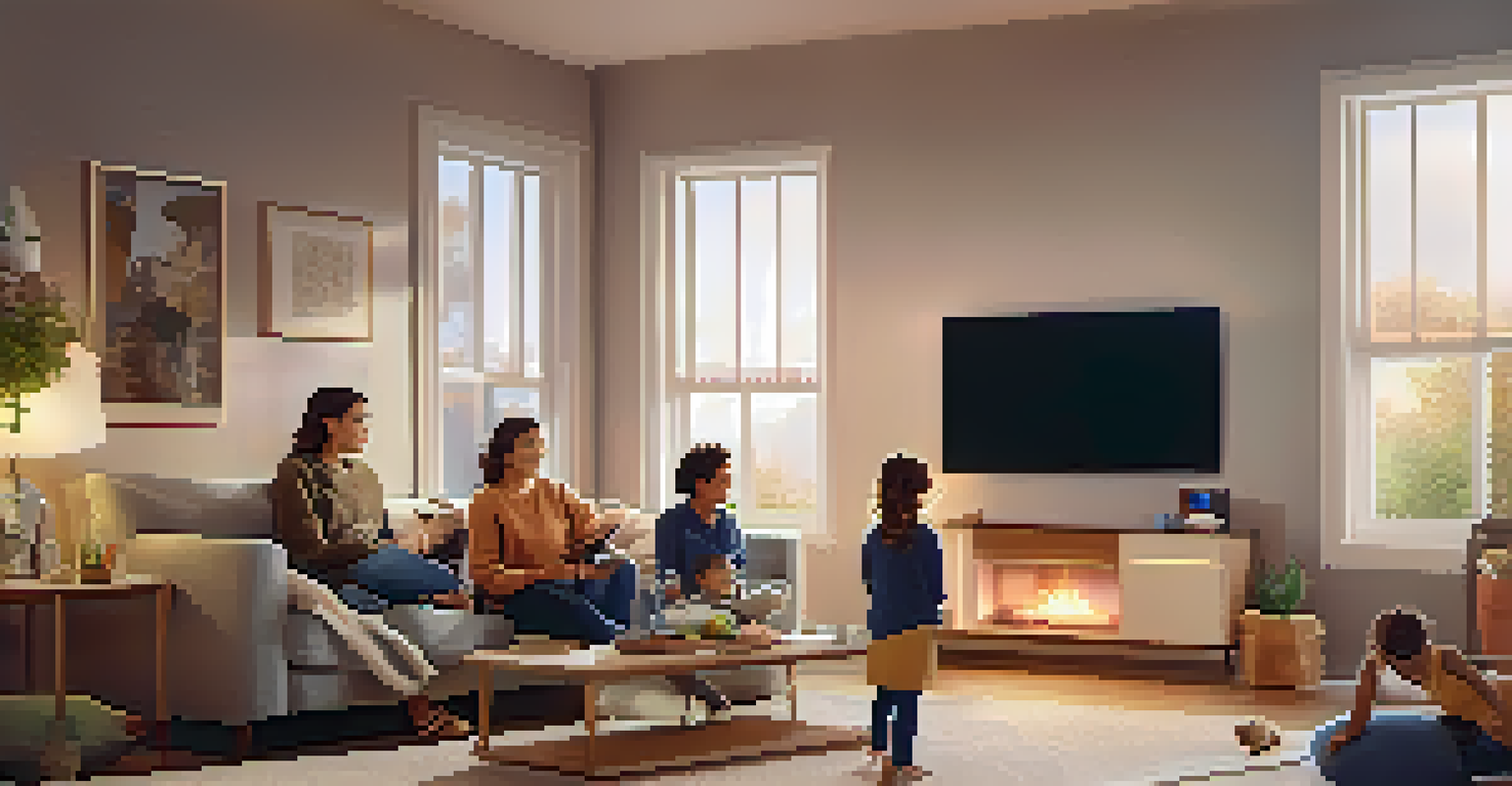 A family enjoying time together in a smart living room with automated features.
