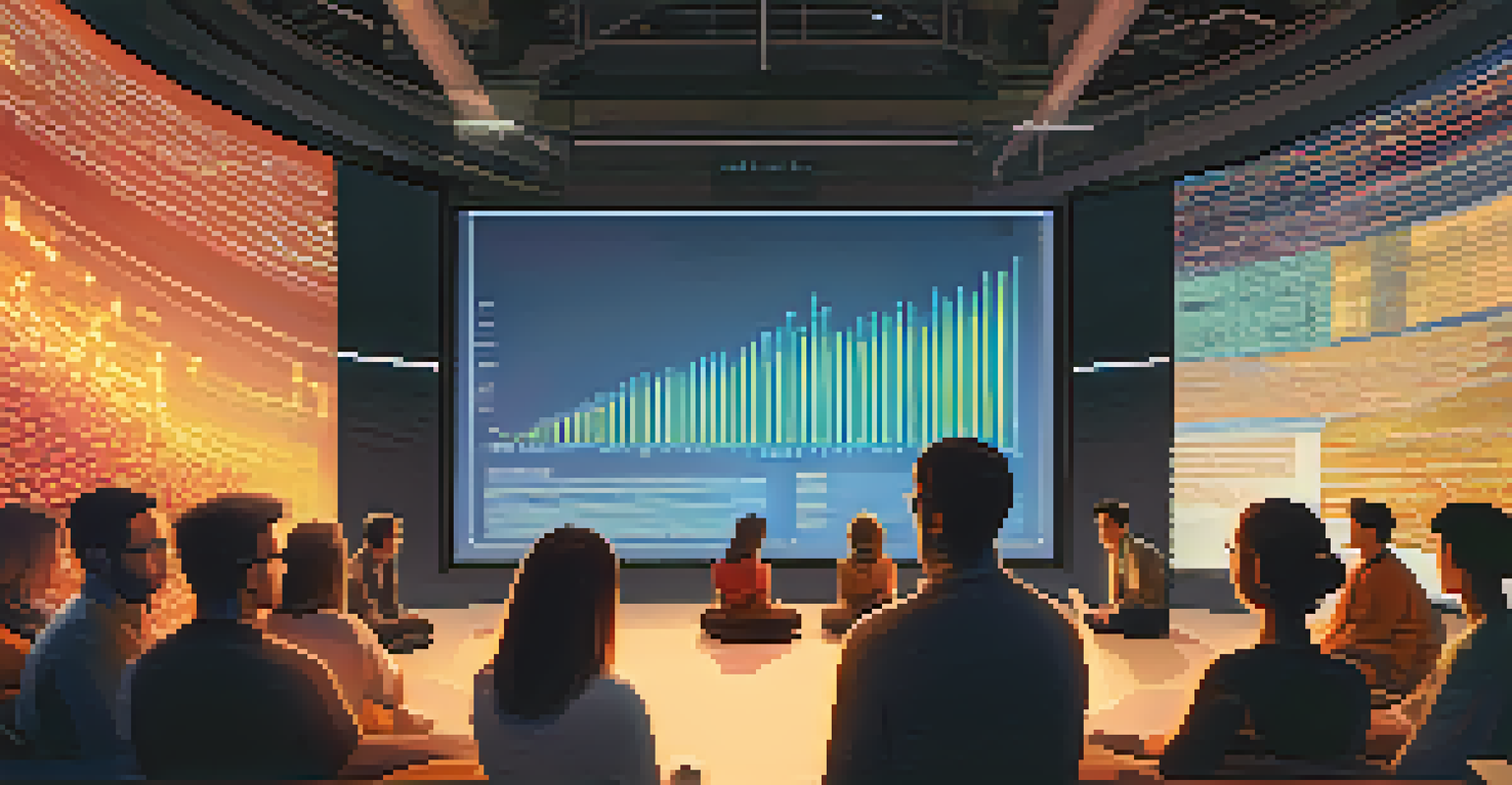 A storyteller presenting data insights to an audience using a digital screen filled with colorful infographics against an abstract background.