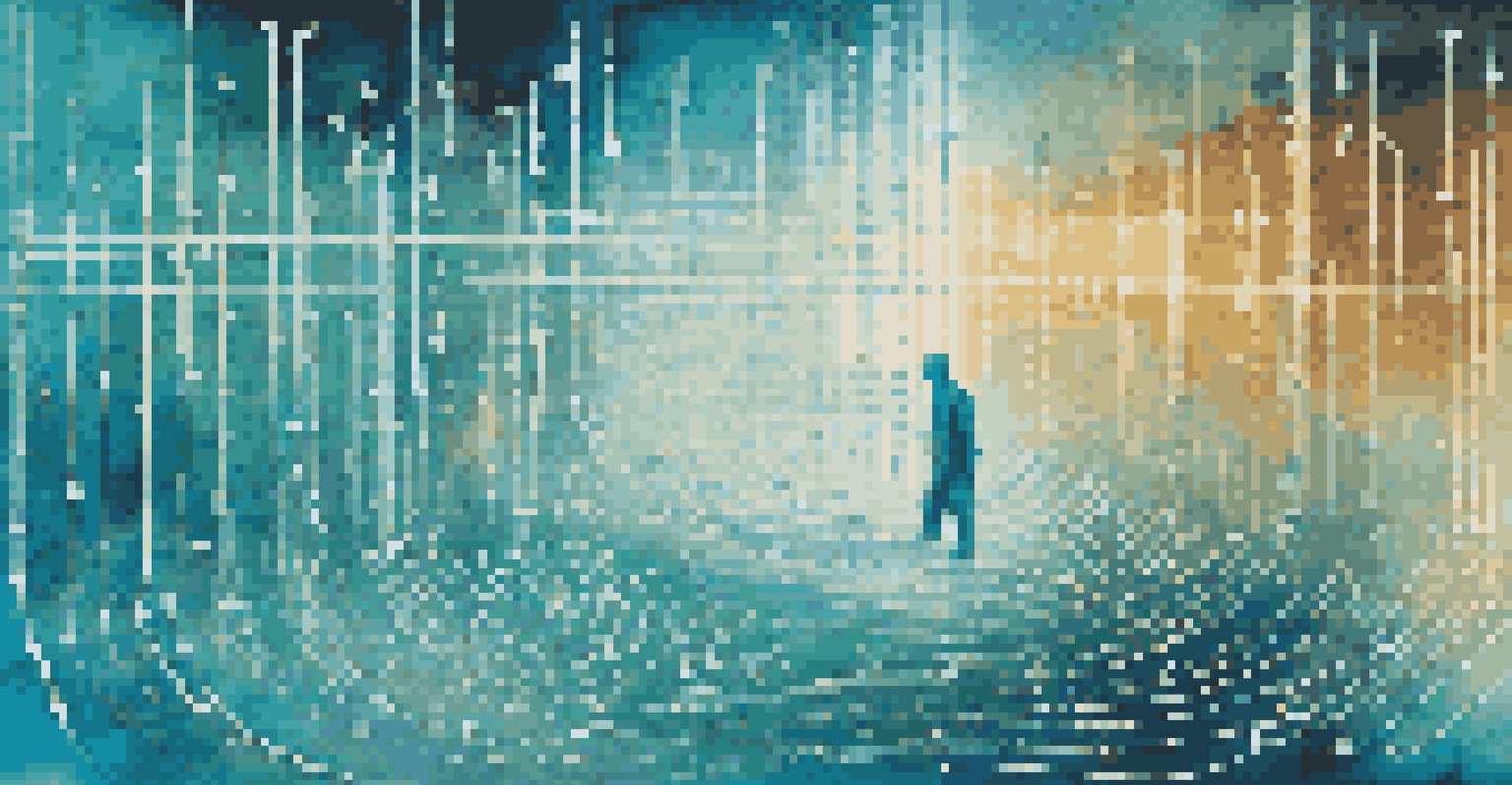 An abstract image depicting data anonymization with binary code transforming into shapes against a gradient background.