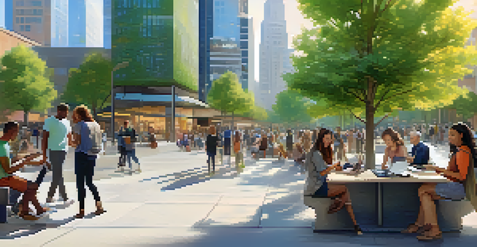 A lively urban plaza filled with people of various backgrounds engaged in discussions and using technology, surrounded by greenery and modern buildings.