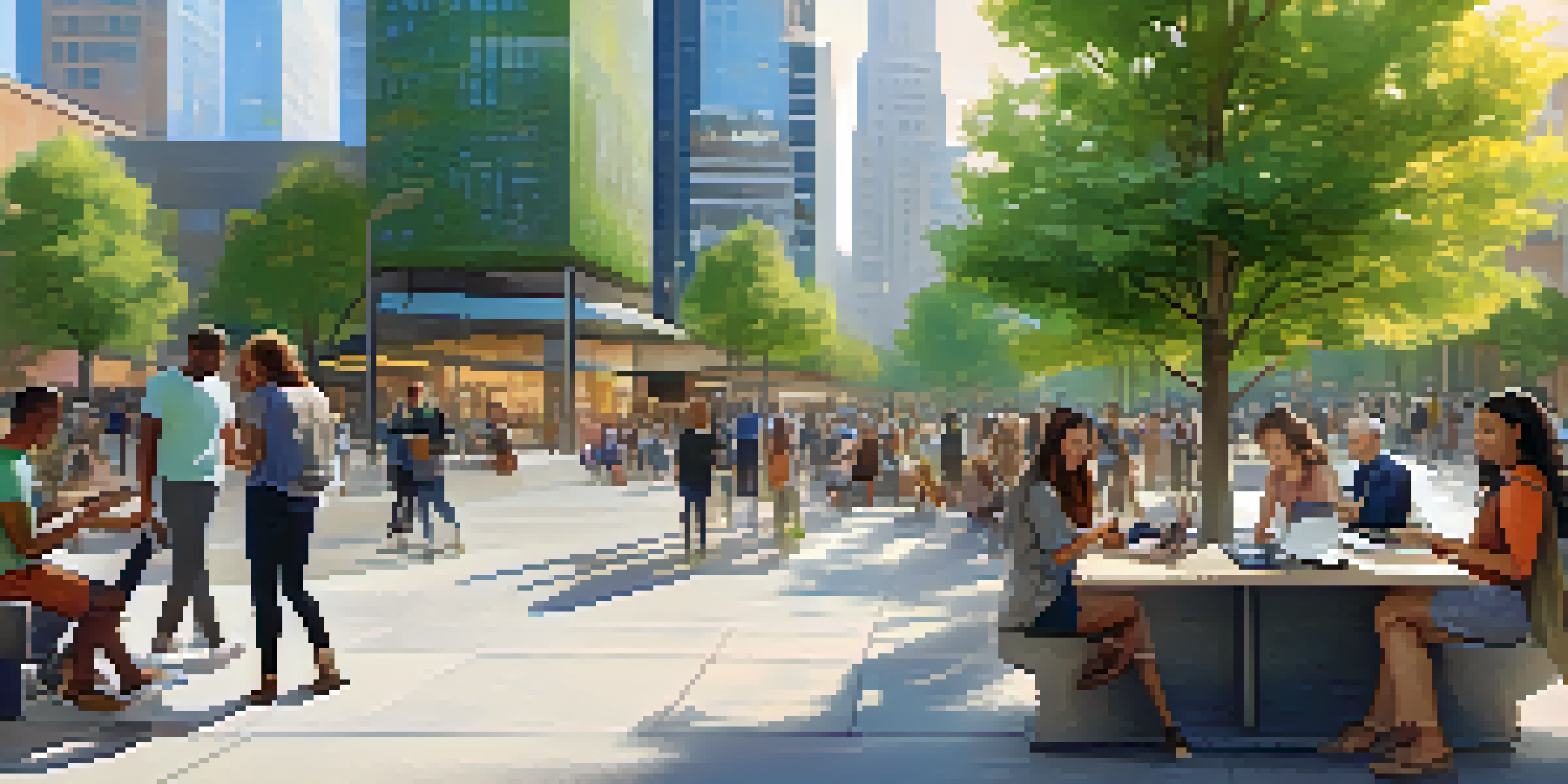 A lively urban plaza filled with people of various backgrounds engaged in discussions and using technology, surrounded by greenery and modern buildings.