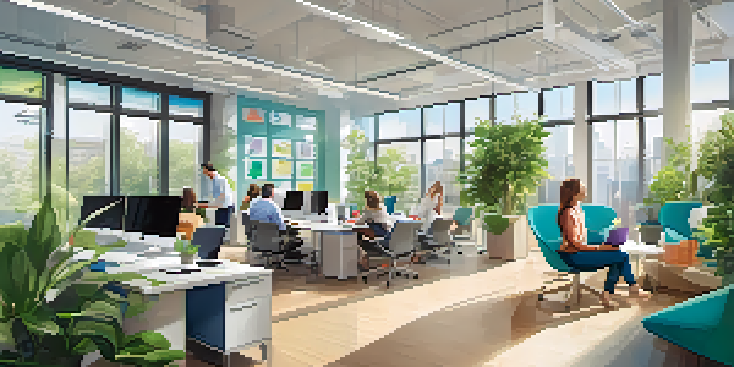 An open office space with employees collaborating, bright natural light, and colorful notes on whiteboards.