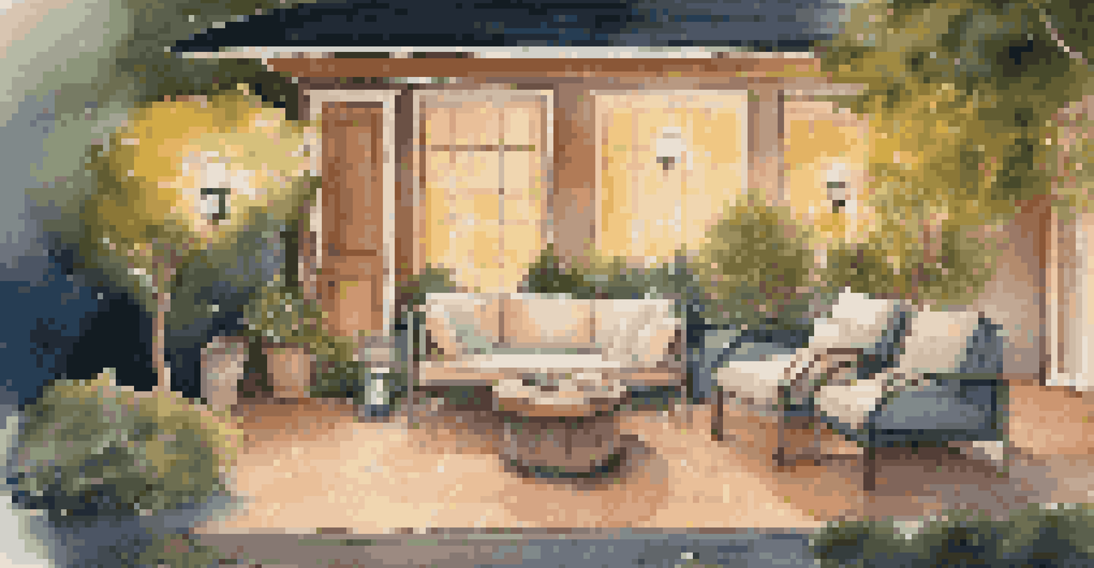 An outdoor patio setup with a smart speaker on a table, surrounded by cozy seating and fairy lights in the trees.