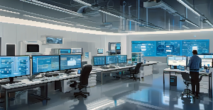 A digital forensics lab with a forensic expert analyzing data from IoT devices, surrounded by high-tech equipment and bright lighting.