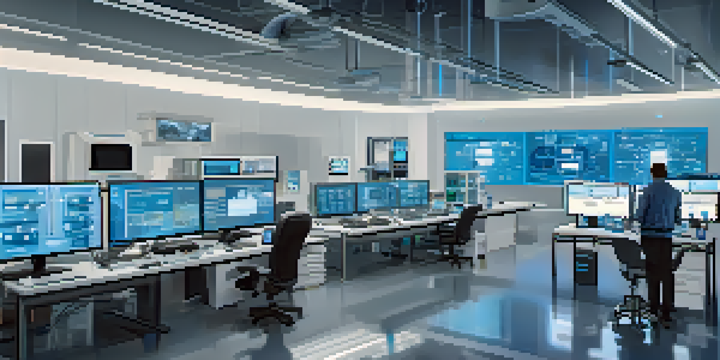 A digital forensics lab with a forensic expert analyzing data from IoT devices, surrounded by high-tech equipment and bright lighting.